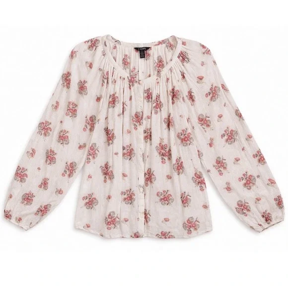 Chaps Womens Floral Gauze Peasant Blouse Cream Pink Button Front Long Sleeve L - Picture 2 of 5